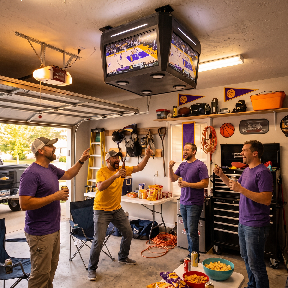 Friends watching the game under the COURTBOX in a garage