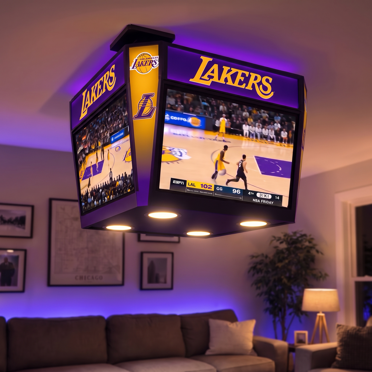 COURTBOX 4-screen Arena Cube glowing in a purple living room